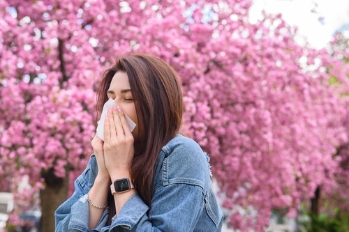 girl is allergic to flowers and blows her nose on a background of blooming sakura